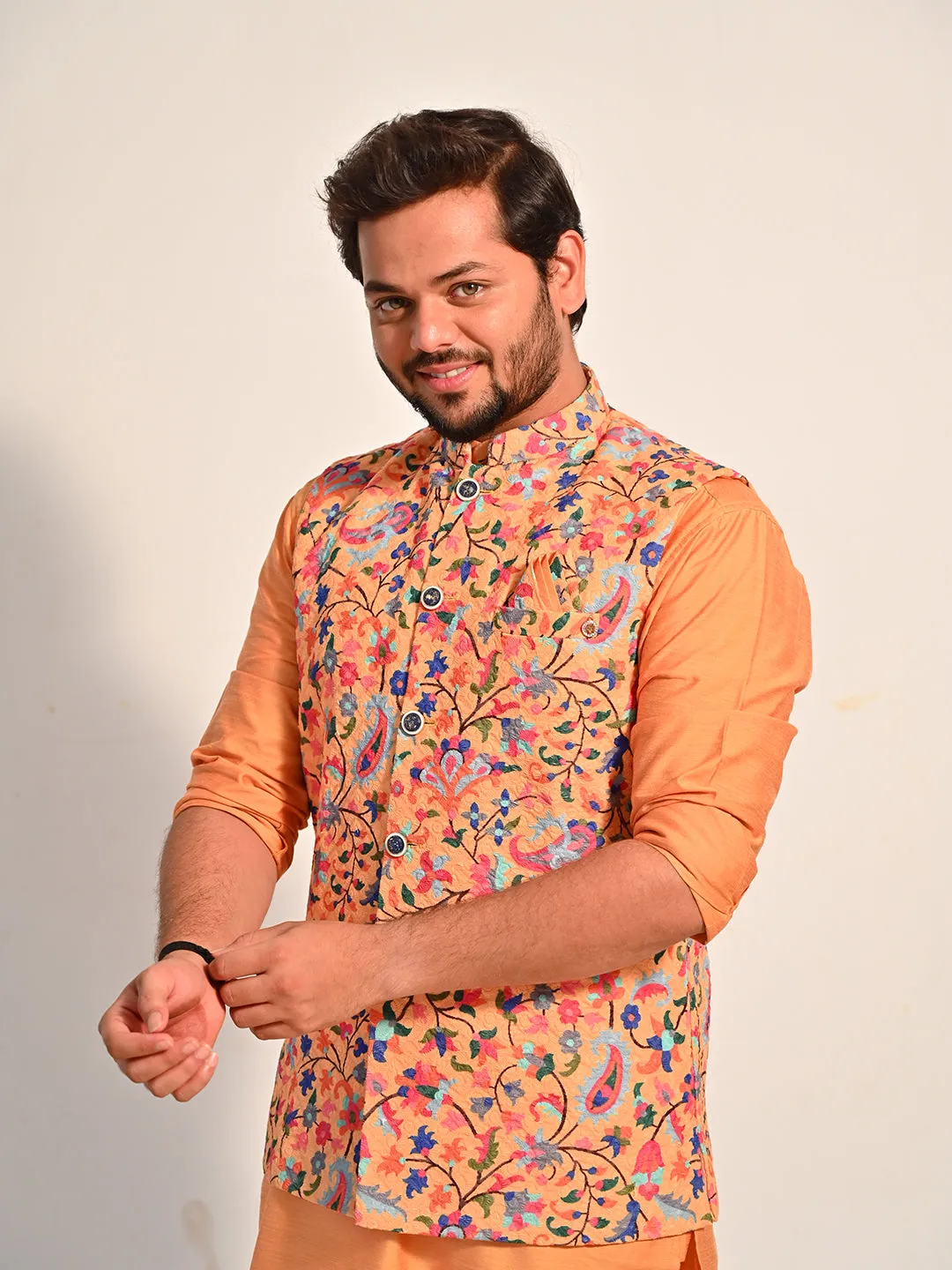 Floral Printed Silk and Kurta Set with Jacket