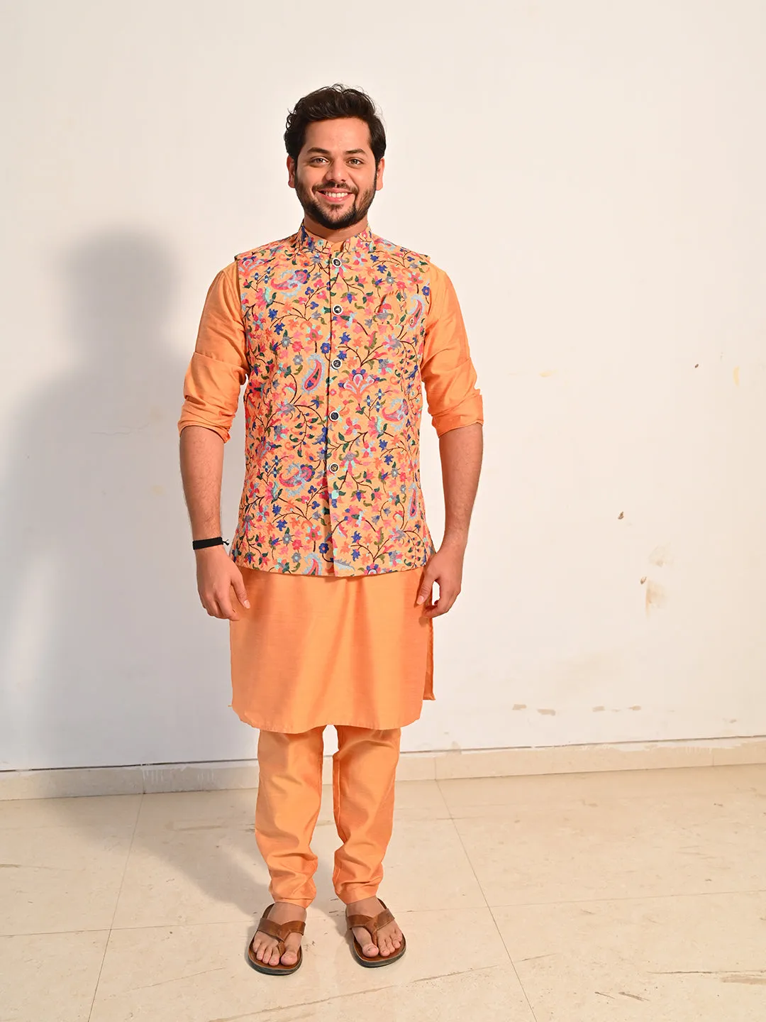 Floral Printed Silk and Kurta Set with Jacket