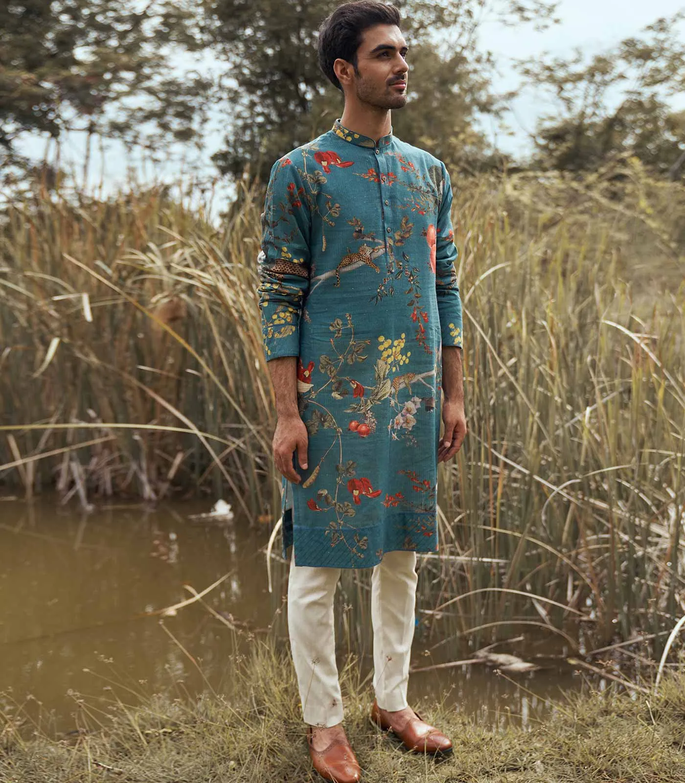 FLORAL PRINTED SILK KURTA SET