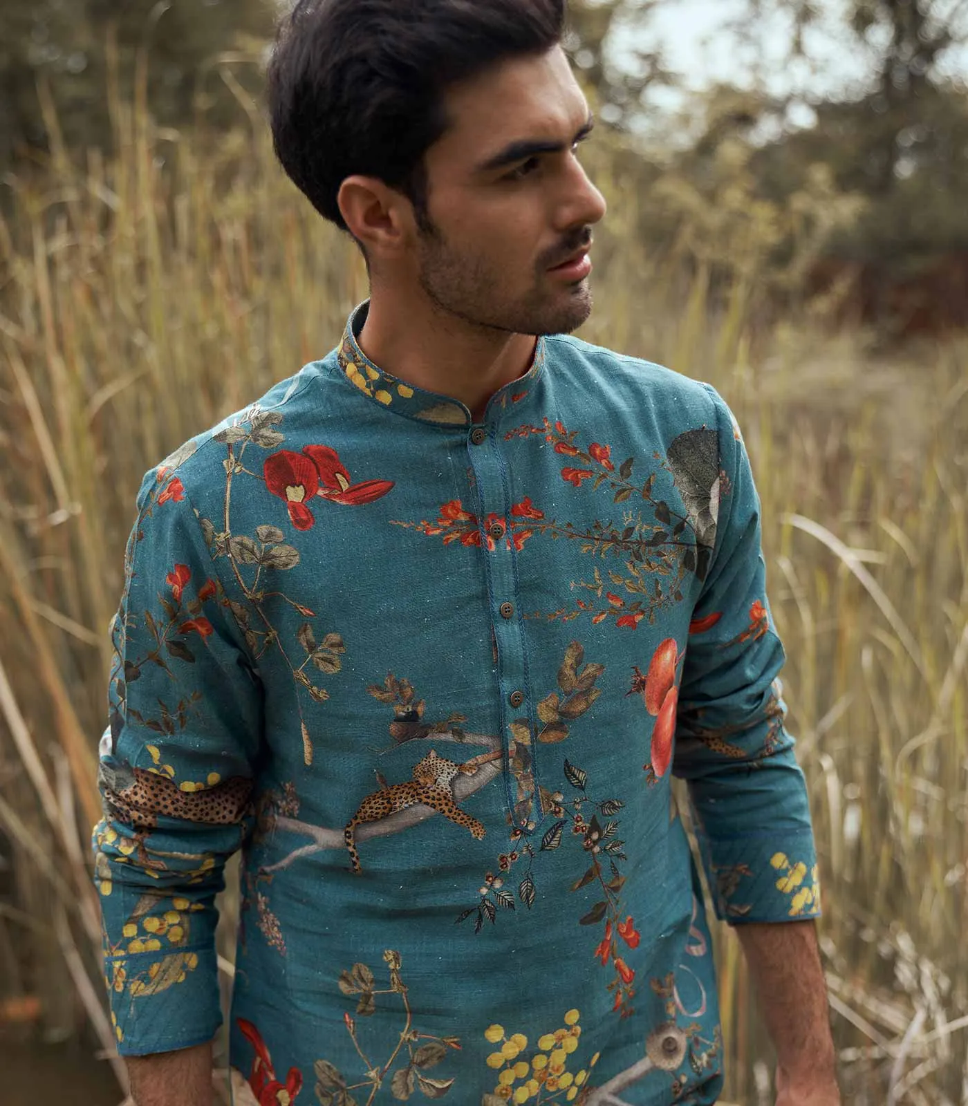 FLORAL PRINTED SILK KURTA SET