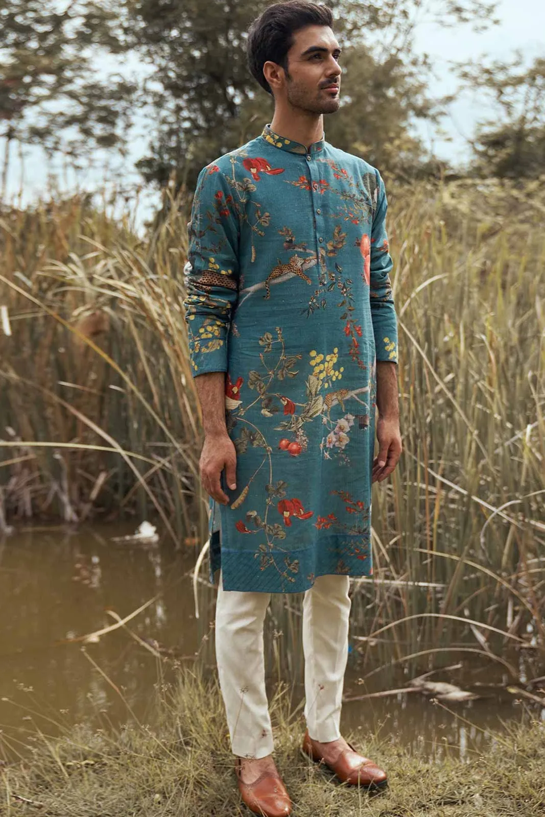 FLORAL PRINTED SILK KURTA SET