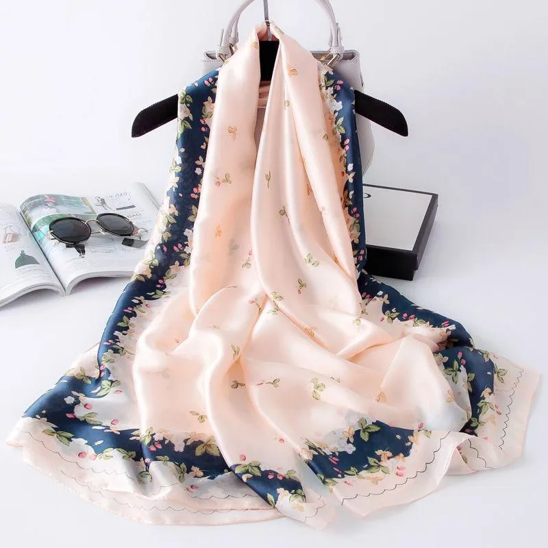 Flower Wrap Shawl Silk Imitation Satin Women Elegant Scarf  All-match Headscarf Sunscreen Gauze Shawl