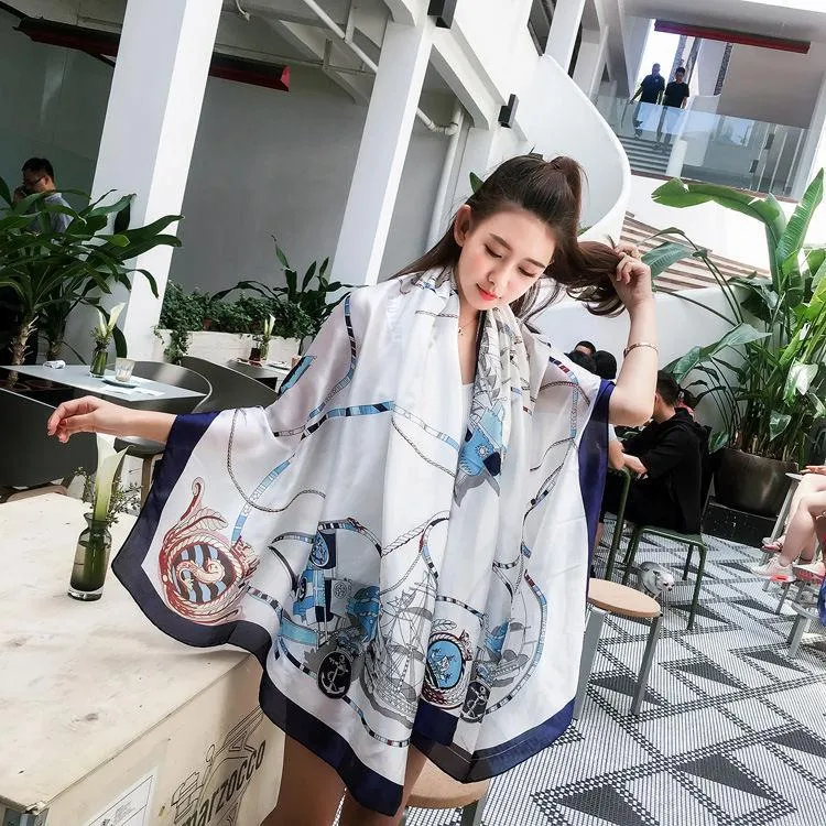 Flower Wrap Shawl Silk Imitation Satin Women Elegant Scarf  All-match Headscarf Sunscreen Gauze Shawl