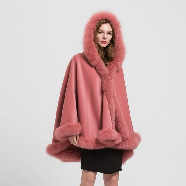 Genuine Fox Fur Collar Trim & Wool Cape Women Poncho Detachable Hooded Pink Shawls