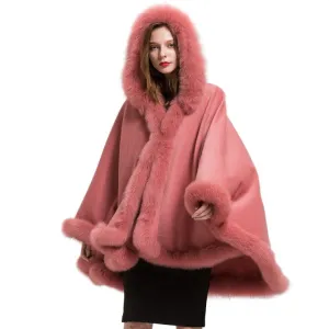 Genuine Fox Fur Collar Trim & Wool Cape Women Poncho Detachable Hooded Pink Shawls
