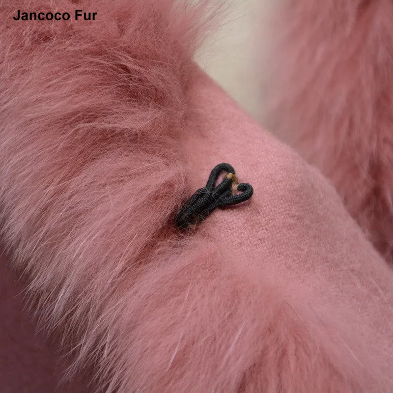 Genuine Fox Fur Collar Trim & Wool Cape Women Poncho Detachable Hooded Pink Shawls