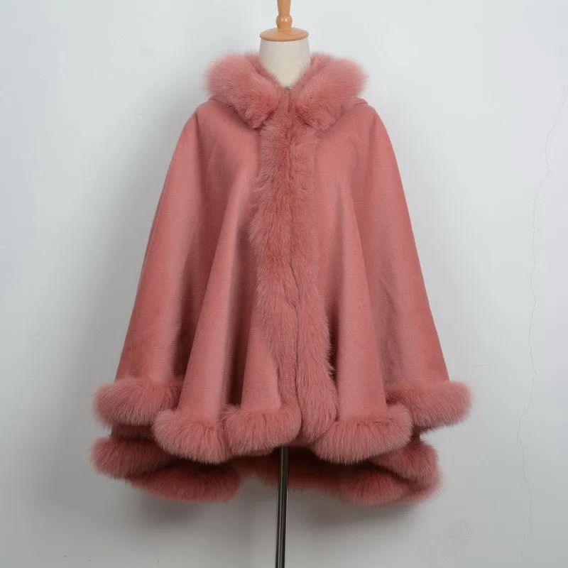 Genuine Fox Fur Collar Trim & Wool Cape Women Poncho Detachable Hooded Pink Shawls