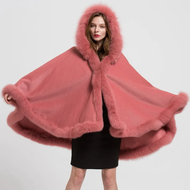 Genuine Fox Fur Collar Trim & Wool Cape Women Poncho Detachable Hooded Pink Shawls