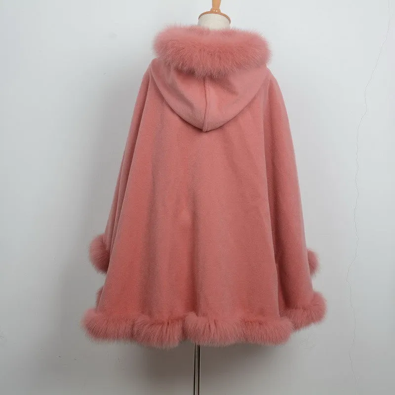 Genuine Fox Fur Collar Trim & Wool Cape Women Poncho Detachable Hooded Pink Shawls