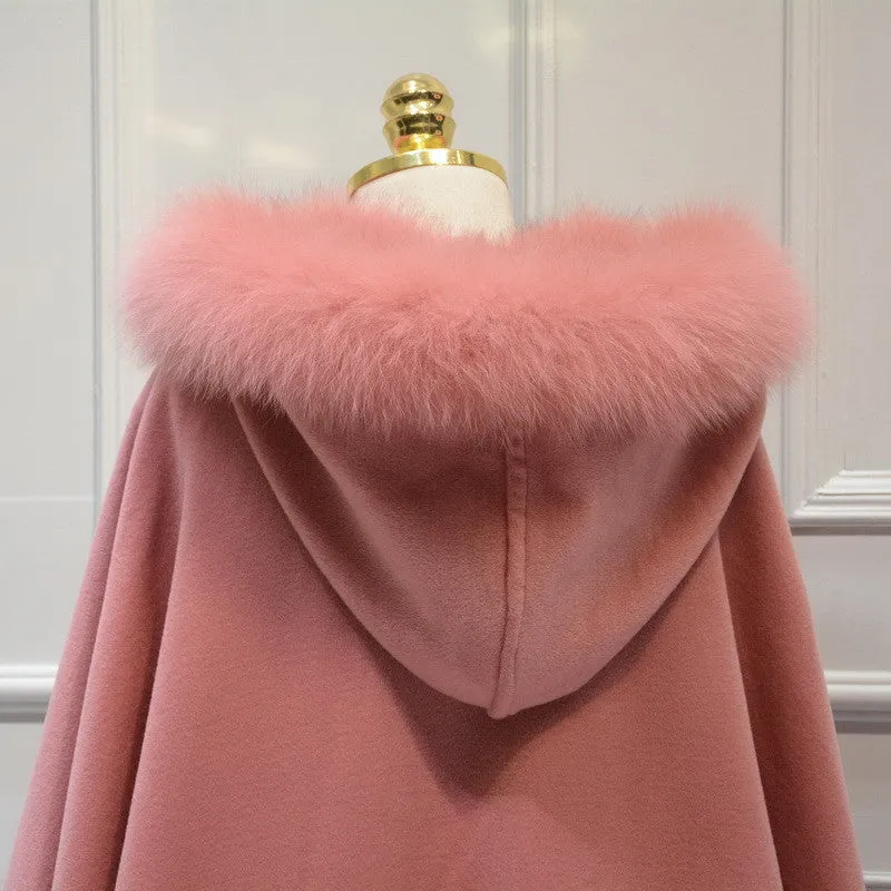 Genuine Fox Fur Collar Trim & Wool Cape Women Poncho Detachable Hooded Pink Shawls