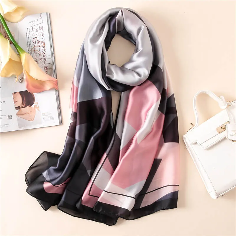 Geometric Pattern Long Silk Scarf for Women