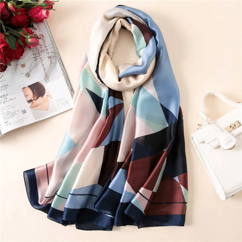 Geometric Pattern Long Silk Scarf for Women