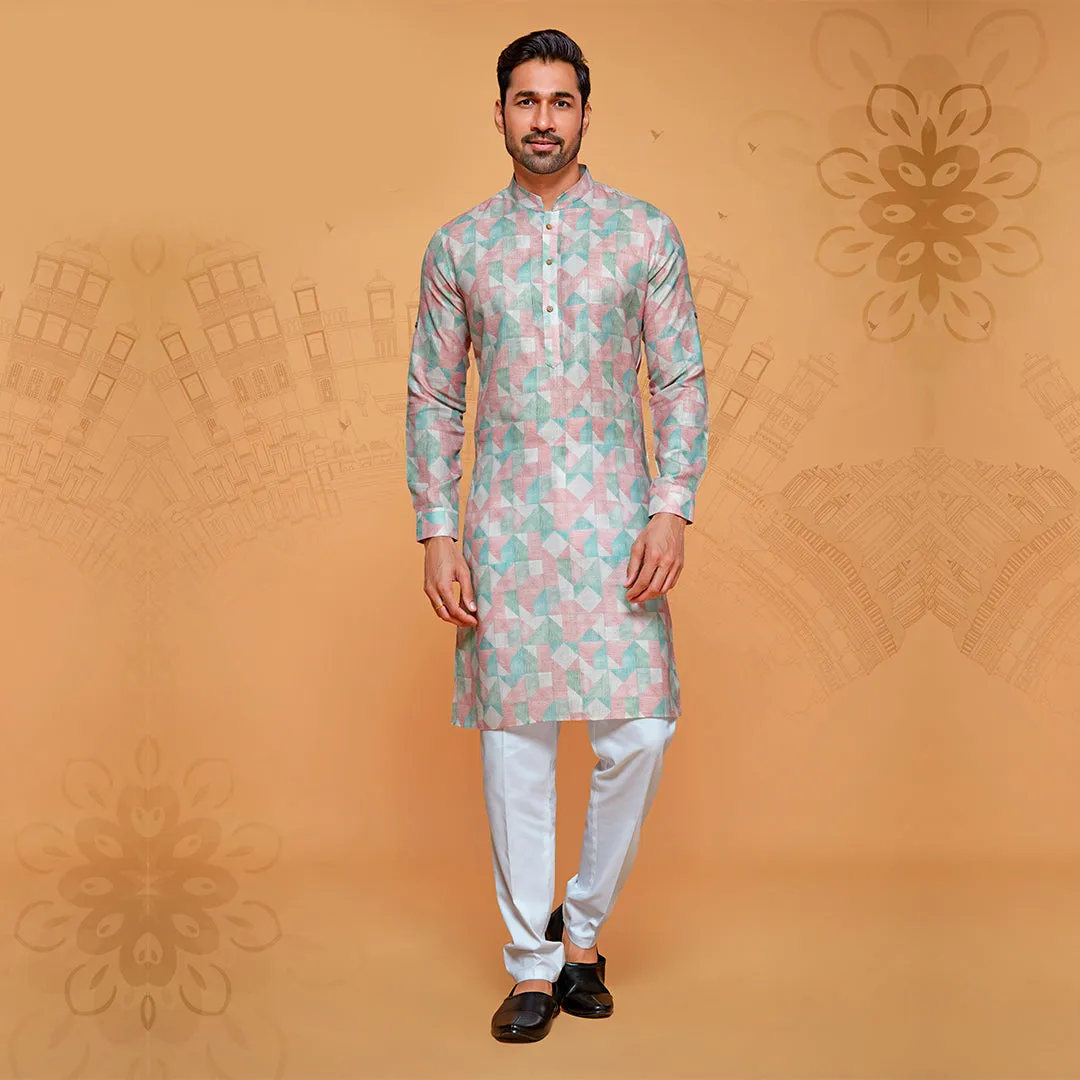 Geometric Printed Kurta in Shade of Pink and Green