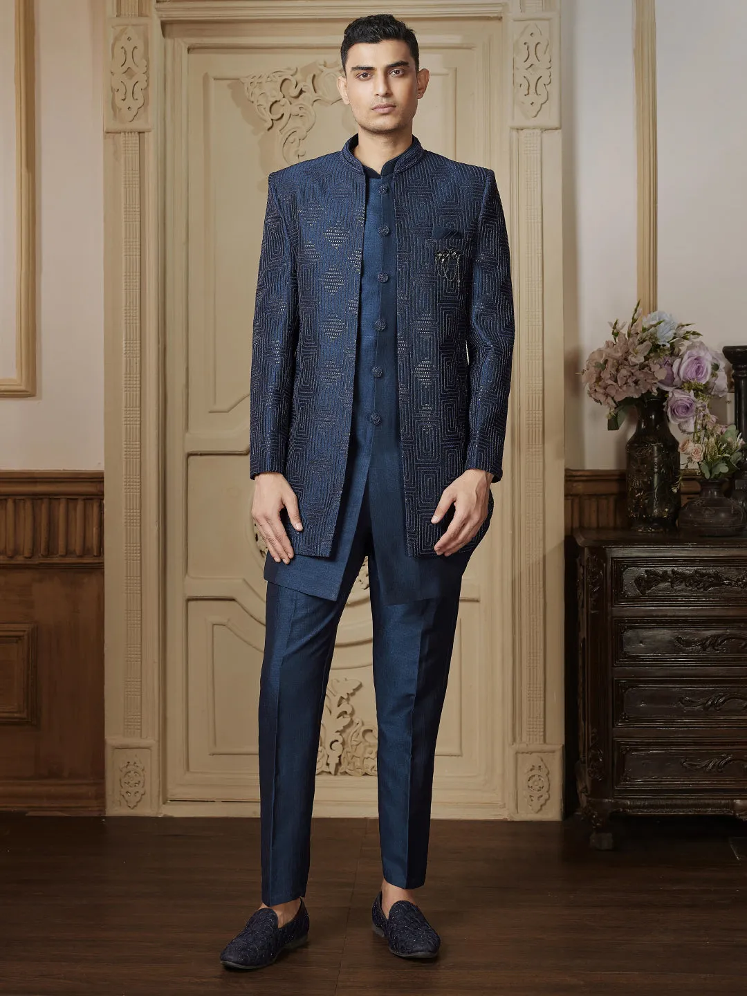 Geometrically Embellished Three Piece Indo Western in Dark Blue