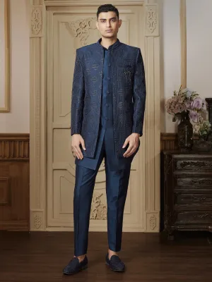 Geometrically Embellished Three Piece Indo Western in Dark Blue