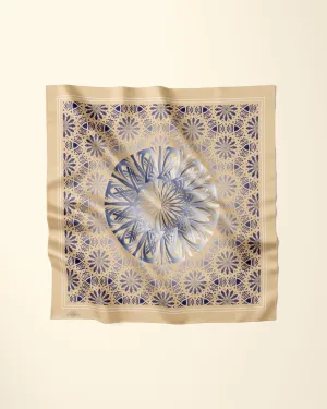 GLOWING Mandala Designer 100% Silk Scarf in Gold Blue