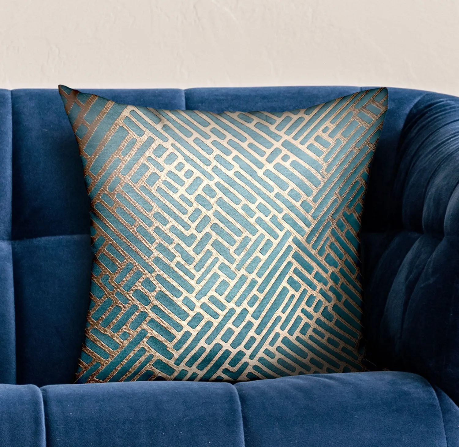 Golden Brick Blue Geometric Luxury Throw Pillow