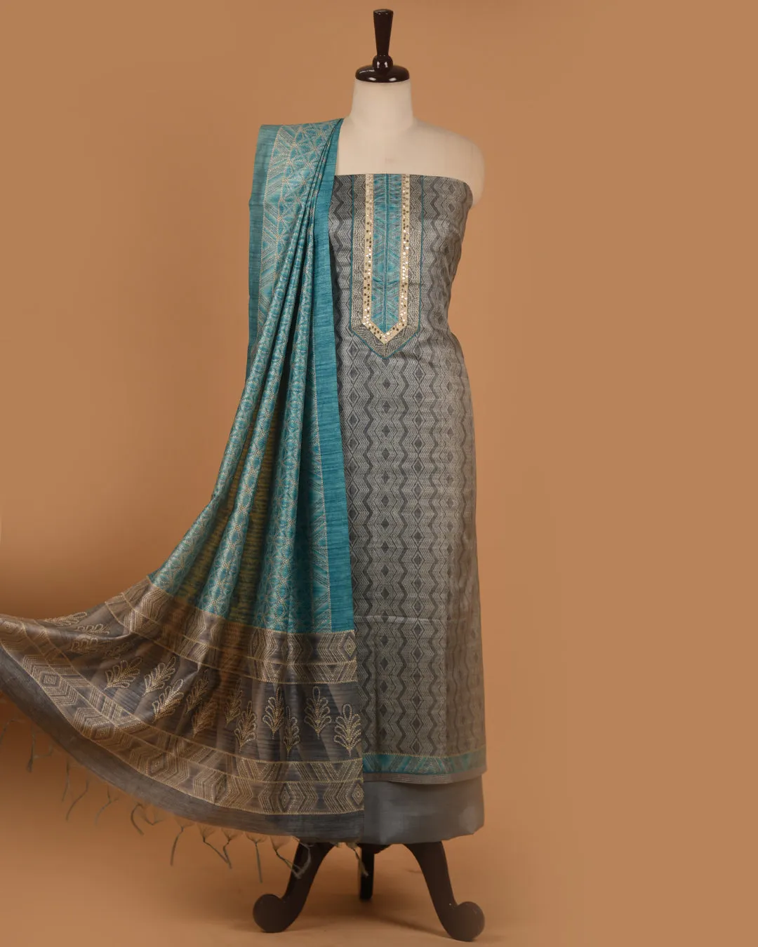 Gray Chanderi Silk Blend Printed With Embroidery Unstitched Suit Fabric Set With Chanderi Silk Blend Printed Dupatta