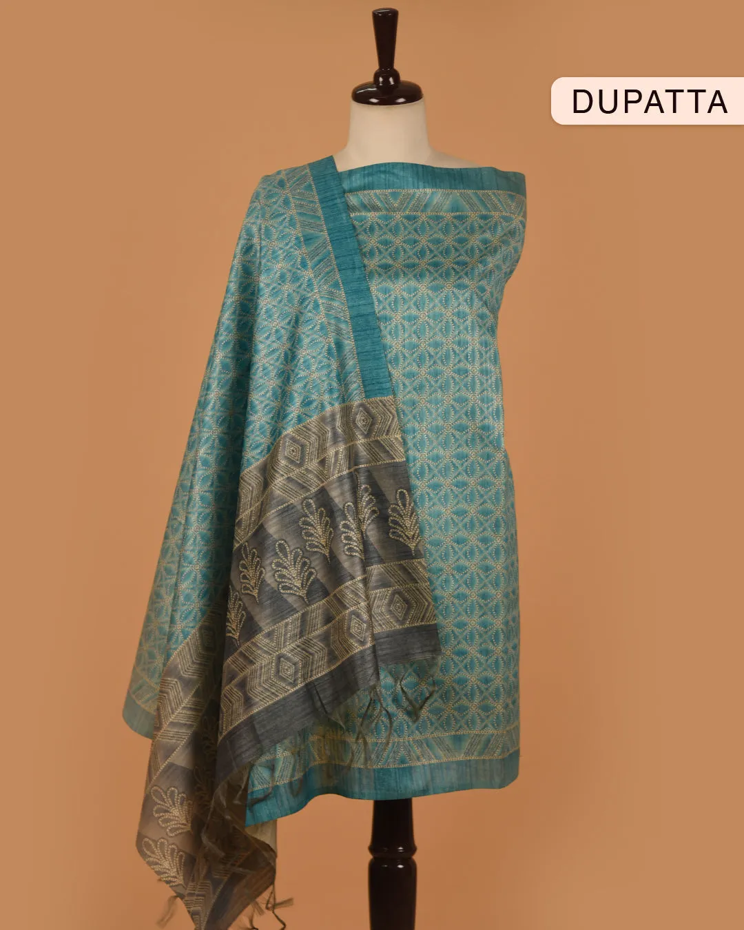 Gray Chanderi Silk Blend Printed With Embroidery Unstitched Suit Fabric Set With Chanderi Silk Blend Printed Dupatta