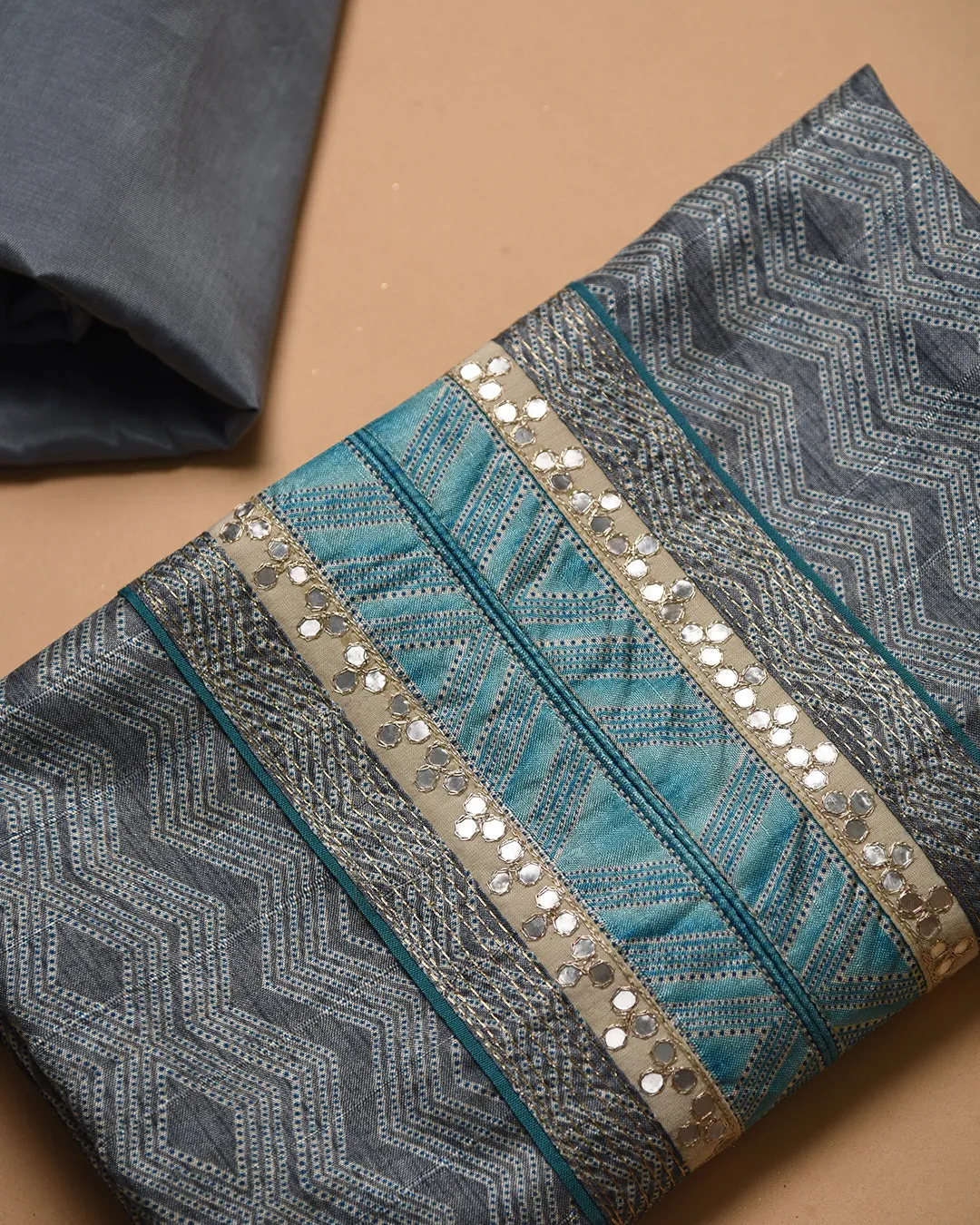 Gray Chanderi Silk Blend Printed With Embroidery Unstitched Suit Fabric Set With Chanderi Silk Blend Printed Dupatta