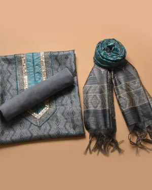 Gray Chanderi Silk Blend Printed With Embroidery Unstitched Suit Fabric Set With Chanderi Silk Blend Printed Dupatta
