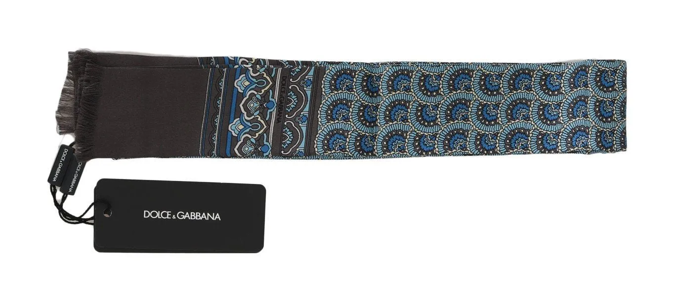Gray Silk Blue Pattern Scarf