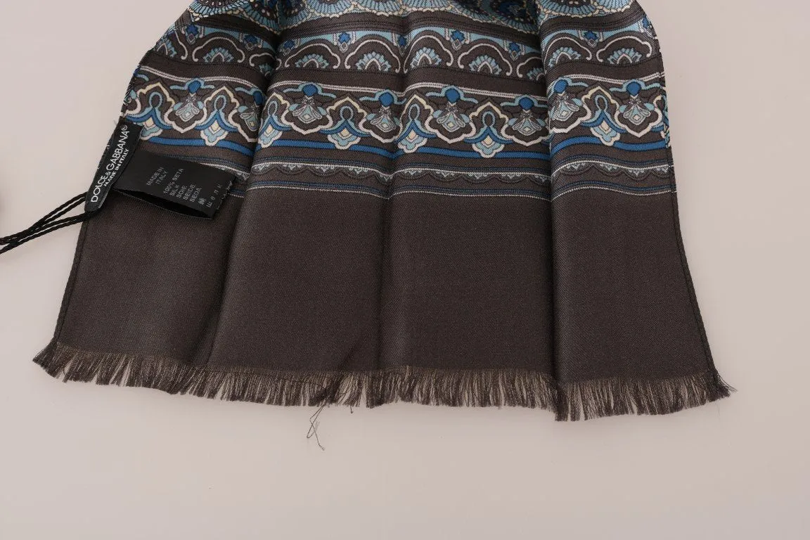 Gray Silk Blue Pattern Scarf