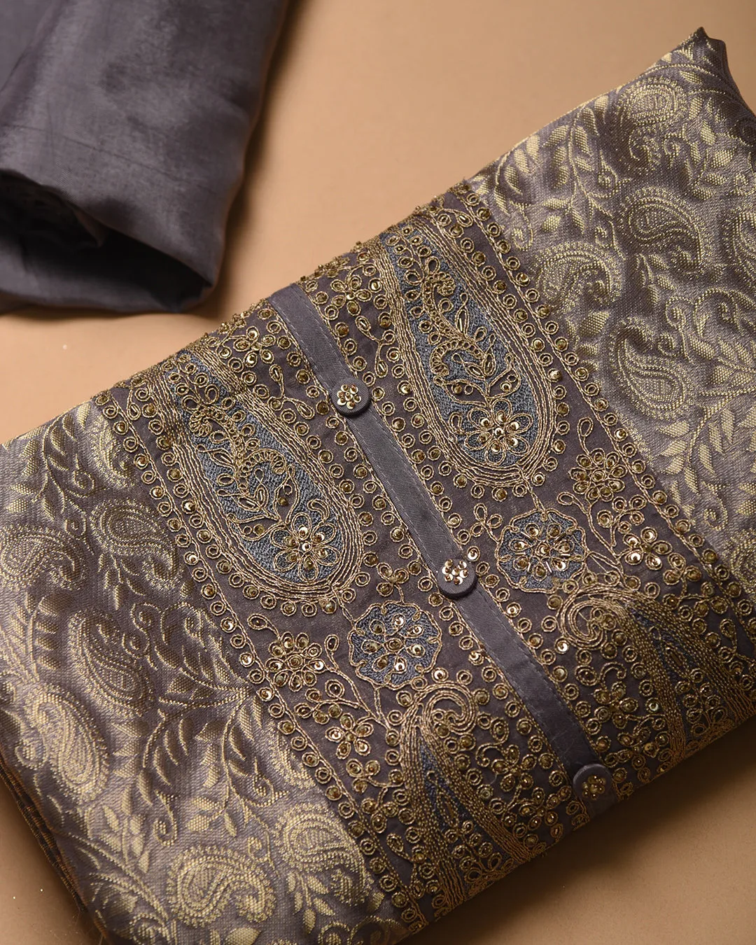 Gray Tissue Silk Benarasi Woven With Embroidery Unstitched Suit Fabric Set With Tissue Silk Embroidered Dupatta