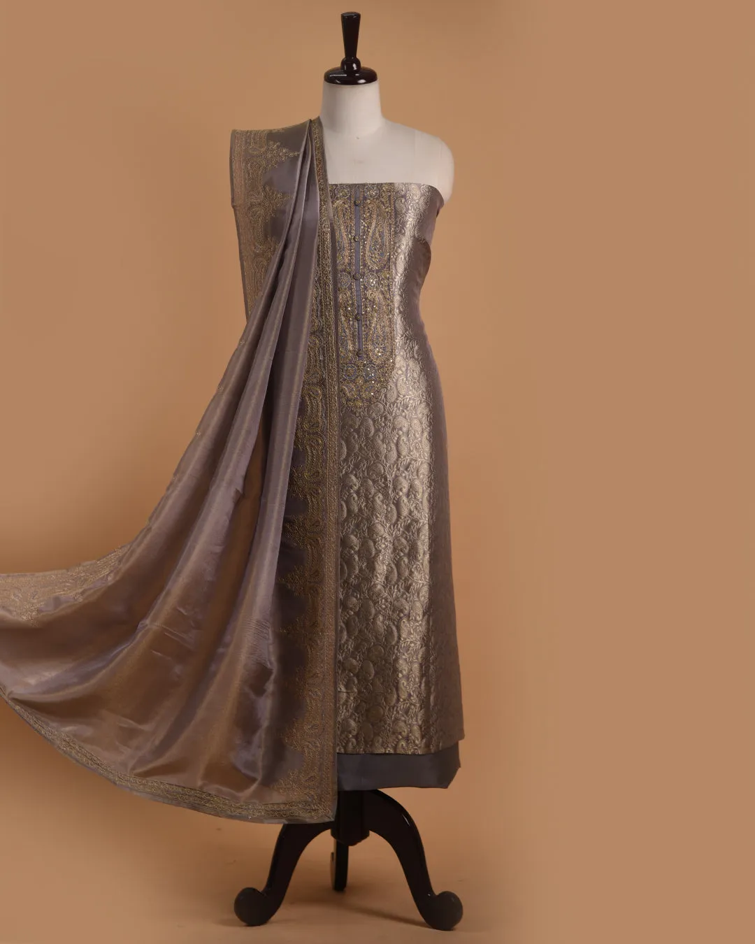 Gray Tissue Silk Benarasi Woven With Embroidery Unstitched Suit Fabric Set With Tissue Silk Embroidered Dupatta