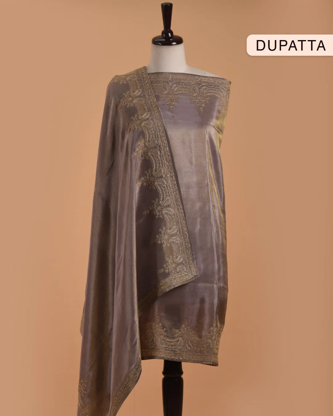 Gray Tissue Silk Benarasi Woven With Embroidery Unstitched Suit Fabric Set With Tissue Silk Embroidered Dupatta