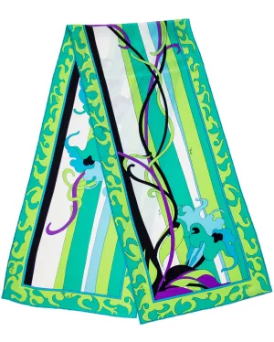 Green and Blue Printed Narrow Silk Scarf
