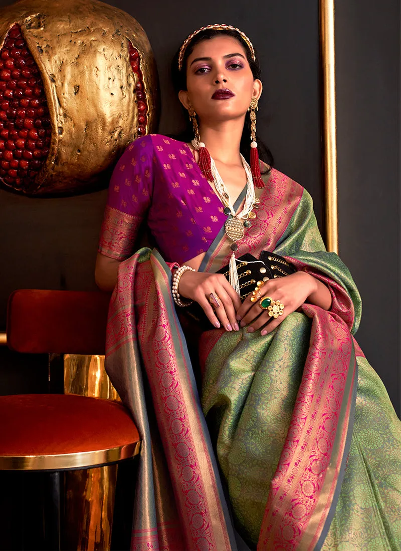Green And Magenta Zari Weaved Handloom Silk Saree