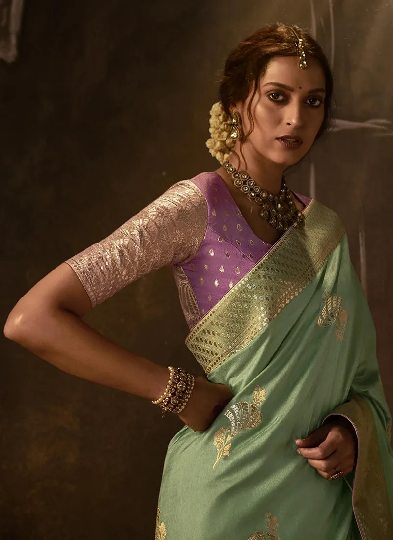 Green And Purple Weaved Pure Dola Silk Saree