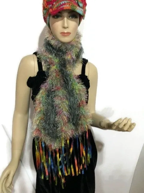 Green knit scarf, woman size, handmade, boho chic style, winter, holiday gift, the green peacock scarf