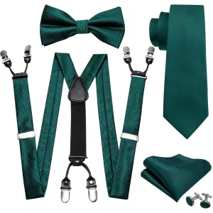Green Solid Pre-Bow Tie Silk Ties For Men Suspenders Handkerchief Cufflink Set Barry.Wang Designer