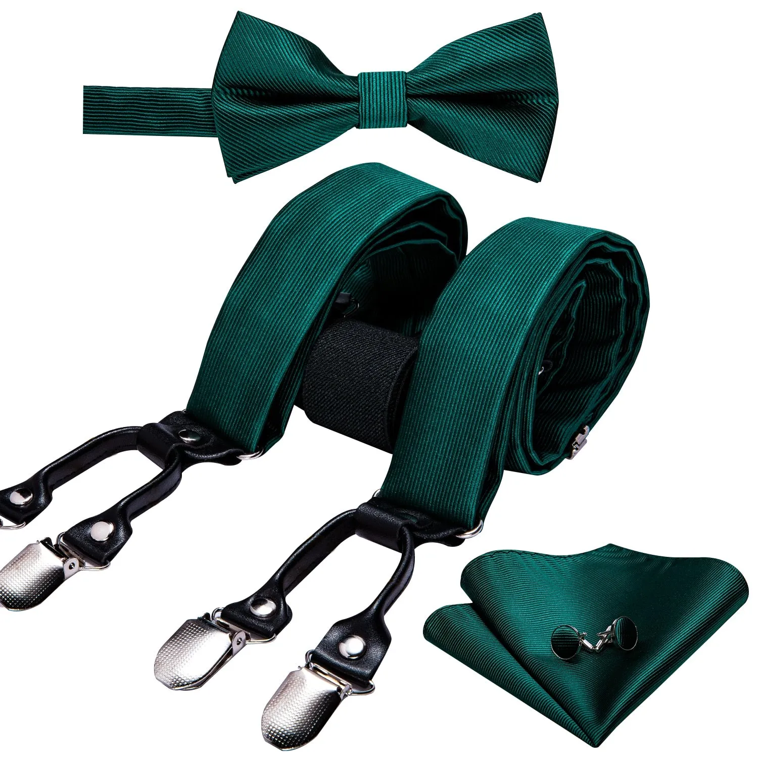 Green Solid Pre-Bow Tie Silk Ties For Men Suspenders Handkerchief Cufflink Set Barry.Wang Designer