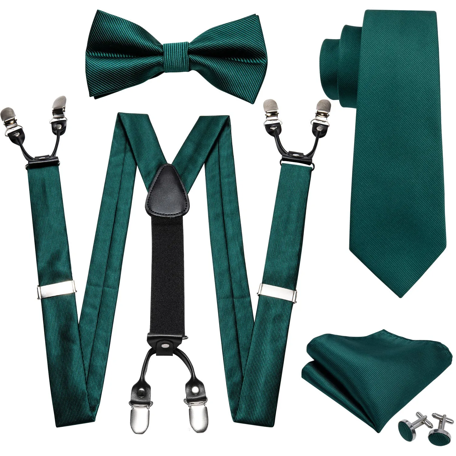 Green Solid Pre-Bow Tie Silk Ties For Men Suspenders Handkerchief Cufflink Set Barry.Wang Designer