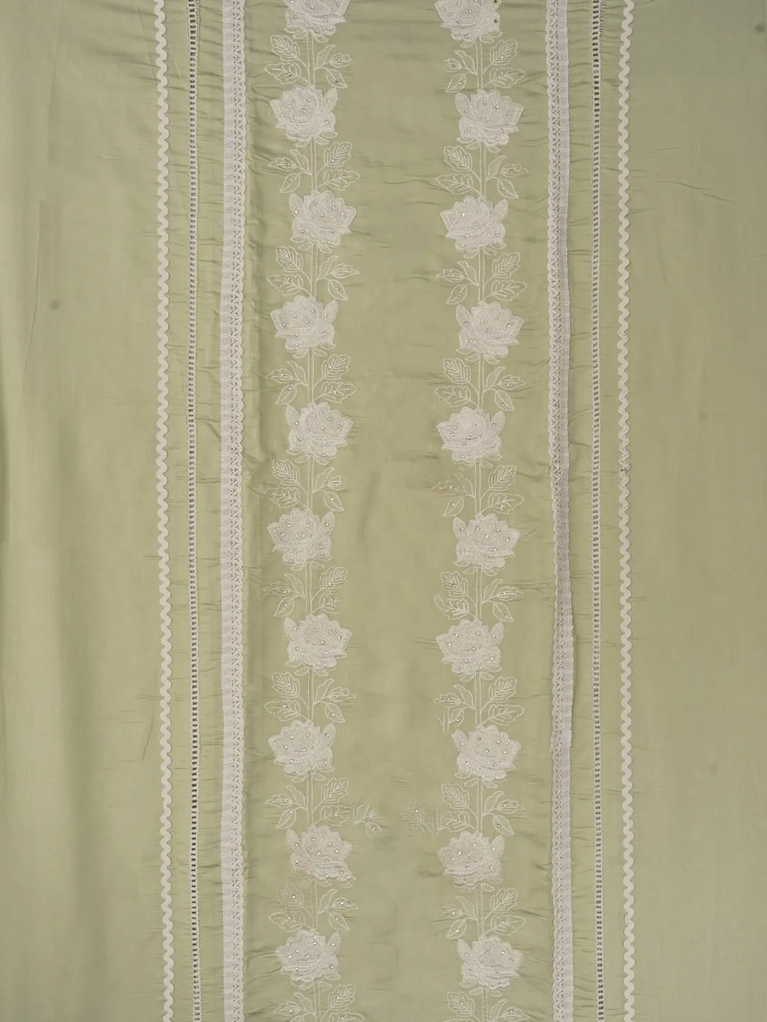 Green Unstitched Floral Embroidery Silk Blend Dress Material with Dupatta