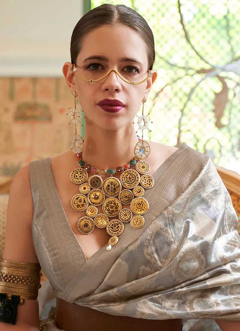 Grey Golden Weaved Printed Handloom Silk Saree