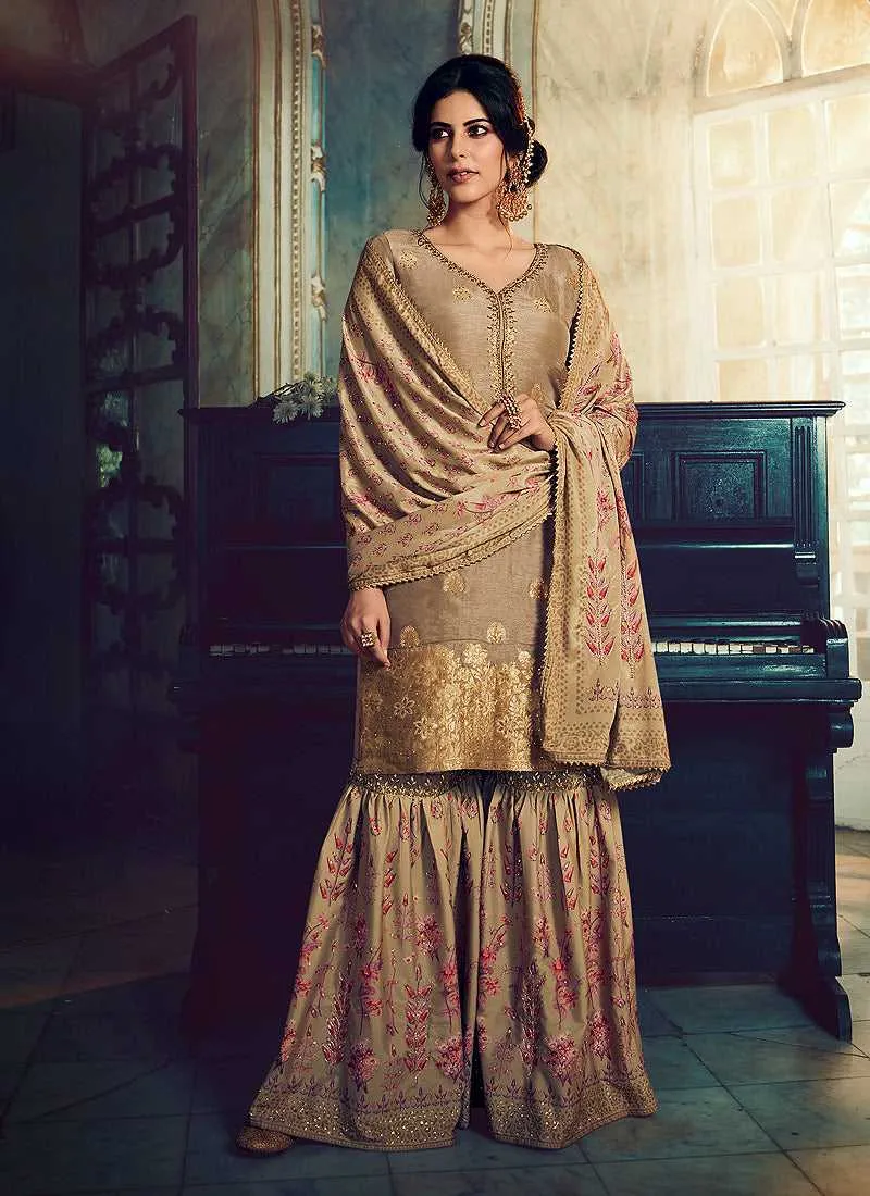 Greyish Silk Work Printed Gharara Style Suit