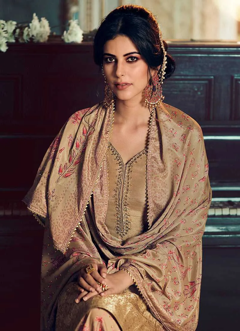 Greyish Silk Work Printed Gharara Style Suit