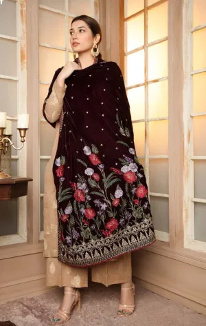 Grise/Luxury Embroidered Velvet Shawl by Adans Libaas