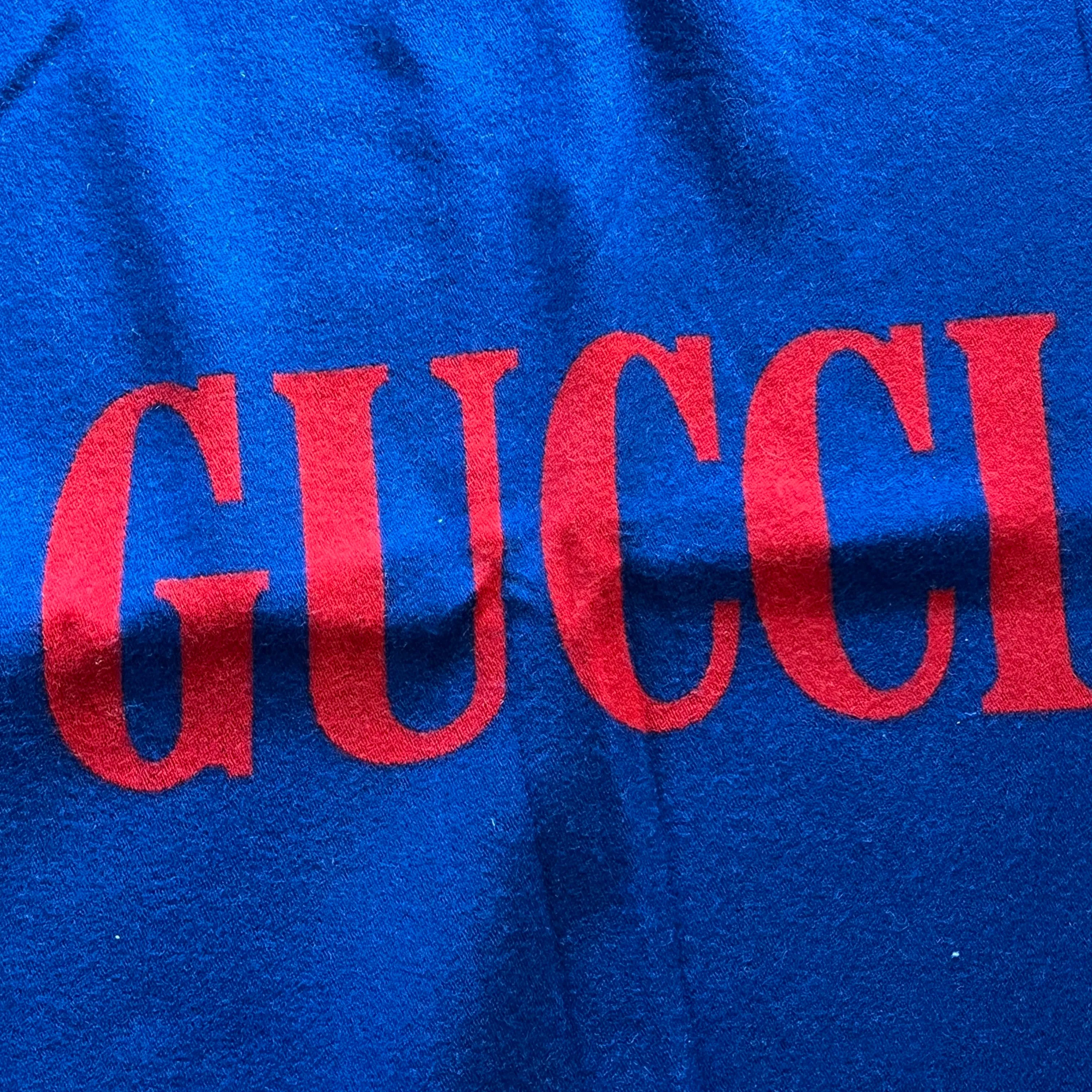 GUCCI Blue Red Jacquard Gucci Logo Wool Blend Scarf