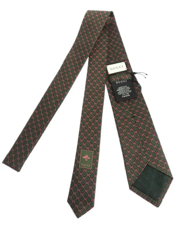 Gucci GG and Rhombus Motif Silk Tie in Pink and Green