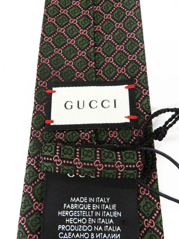 Gucci GG and Rhombus Motif Silk Tie in Pink and Green
