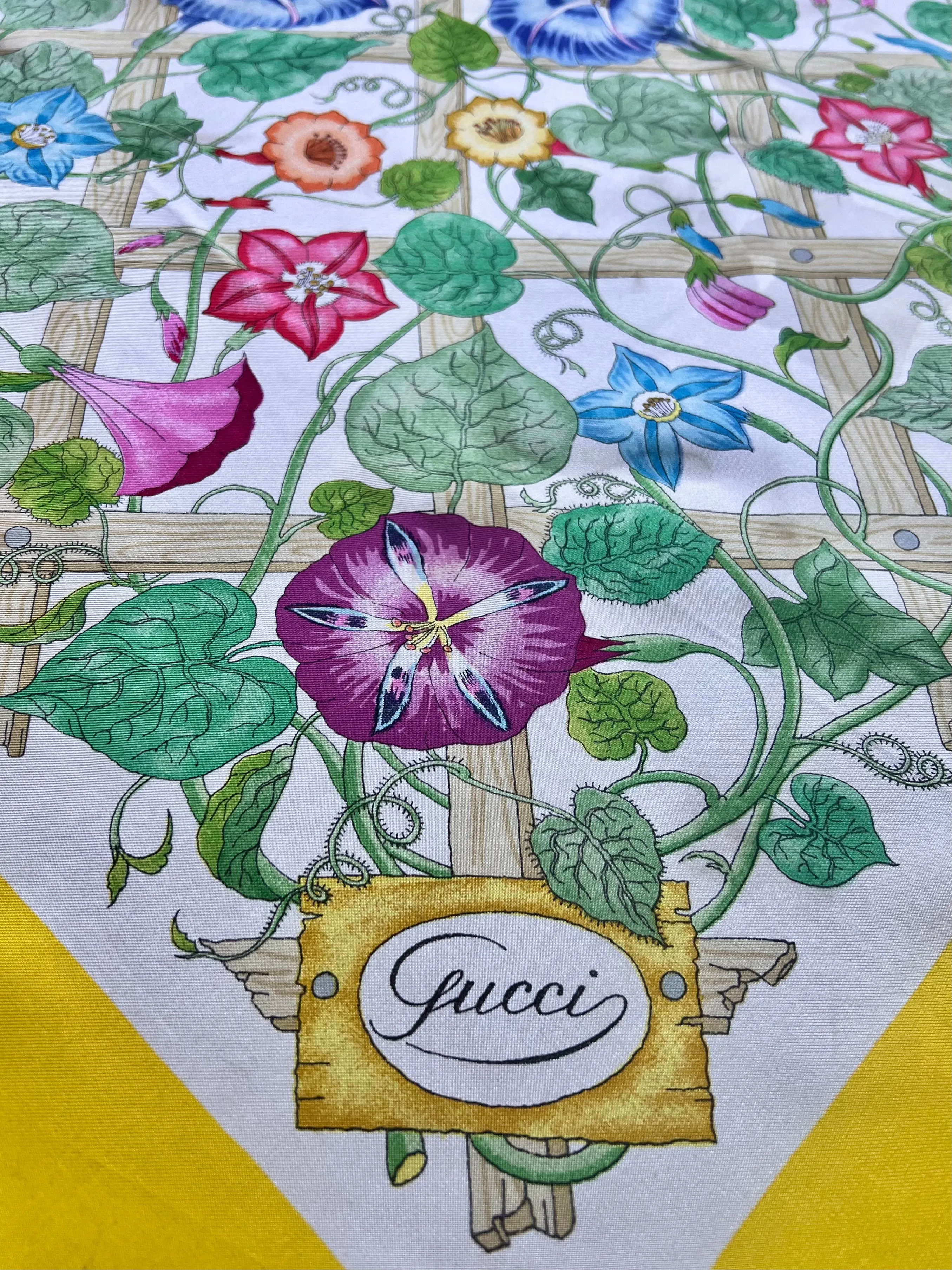 Gucci Iconic Yellow Border Lattice Floral Printed Square Silk Scarf