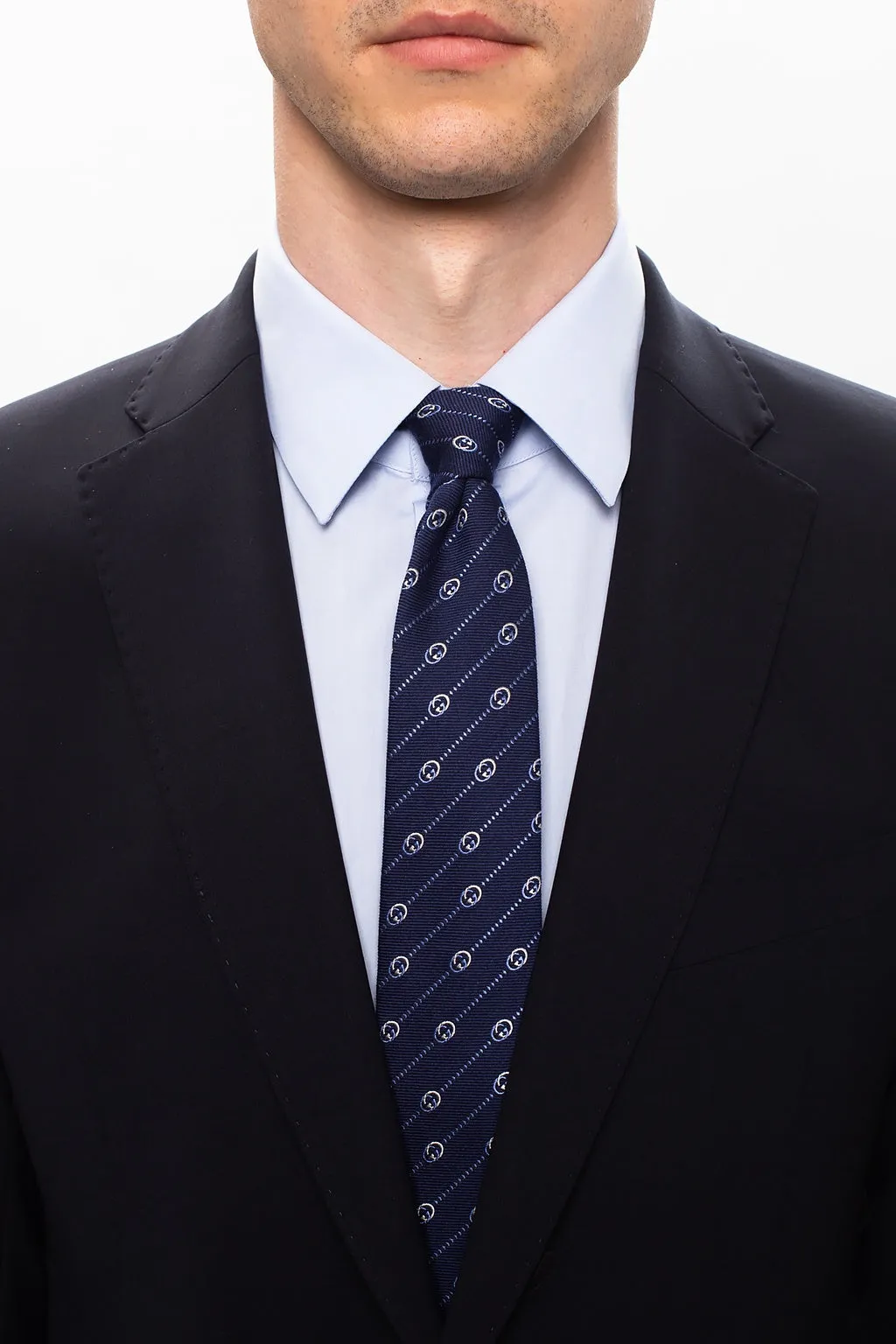 Gucci Interlocking GG and Dots Navy Silk Tie