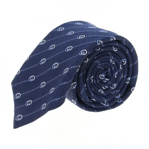 Gucci Interlocking GG and Dots Navy Silk Tie