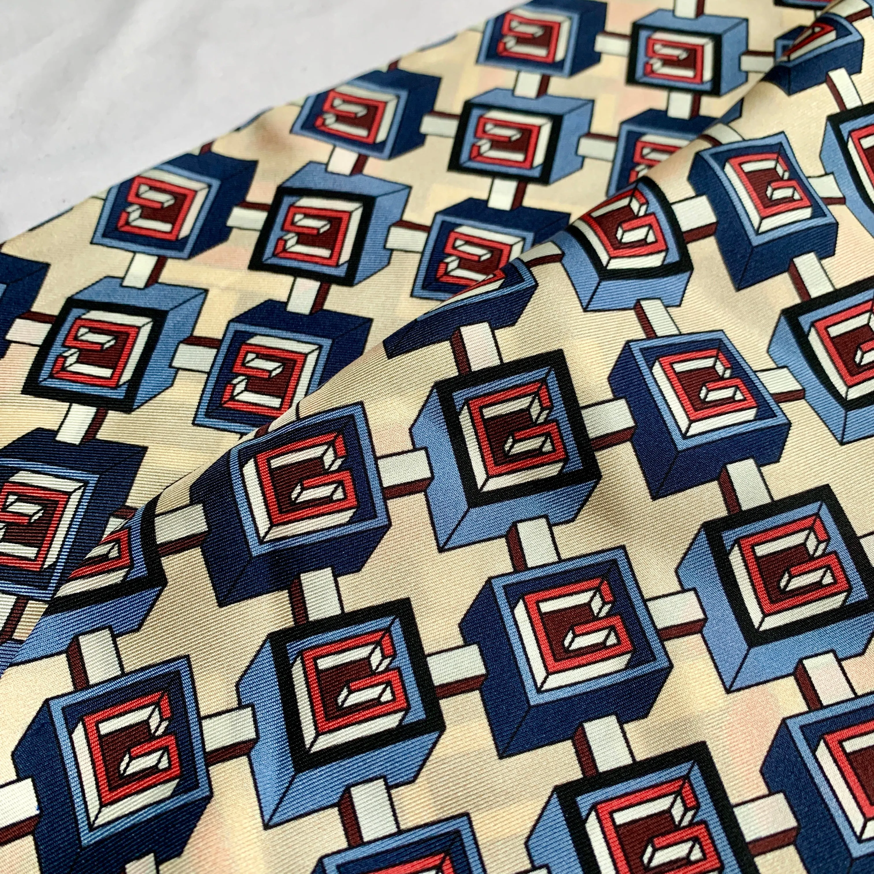 Gucci Silk Geometric G Print Neck Scarf in Cream and Slate Blue