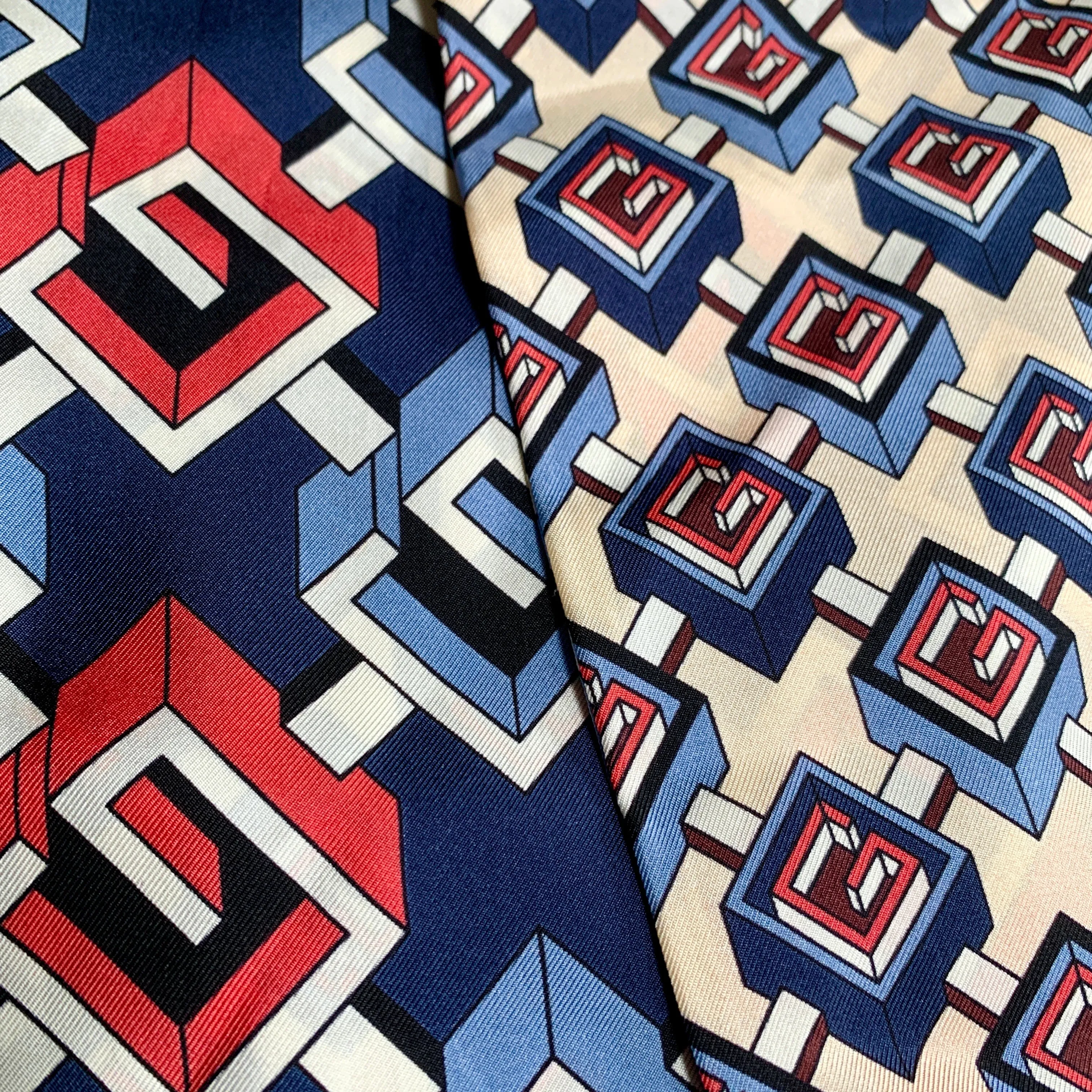 Gucci Silk Geometric G Print Neck Scarf in Cream and Slate Blue